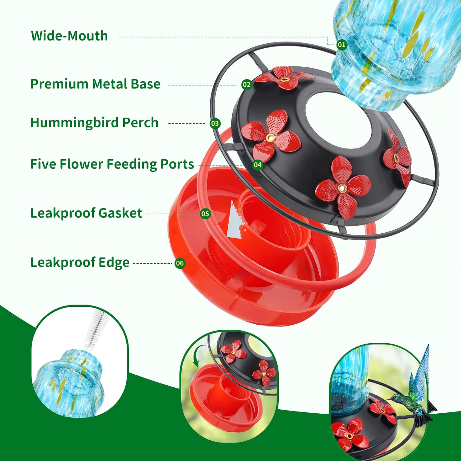 45 Ounce Large Capacity Hummingbird Feeders for Outdoors Hanging Ant and Bee Proof, Unique Hand Blown Glass Hummingbird Nectar Feeder, Gifts for Garden Decor Backyard, Blue Meteor Shower