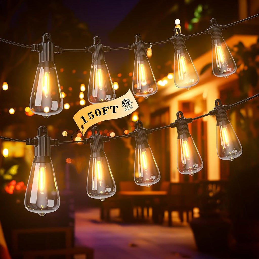FOOMAN LED Outdoor String Lights, 150FT Outside Waterproof Patio Lights with 72+3 Shatterproof ST38 Edison Bulbs, 2700K Warm White Hanging Light, Dimmable Light for Back Yard Porch Party Gezebo