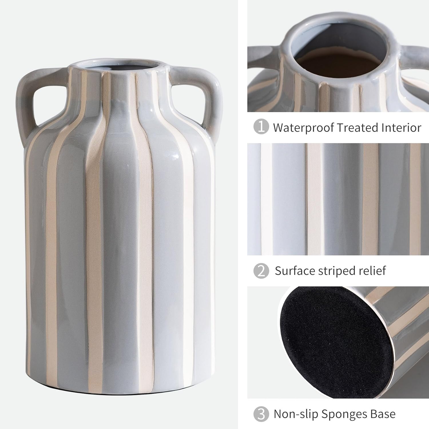 Ceramic Grey and White Checkered Stripes Vase with Handles, Hand-Painted Modern Minimalist Bohemian Floral Vases Home Decor, Cottage Core Decor, Flower Vase for Bouquet Mantle Kitchen Bookshelf 9.1 In