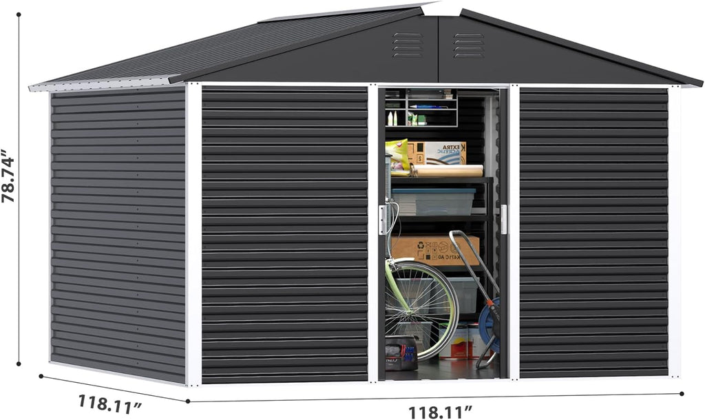 Metal Outdoor Storage Shed 10FT x 10FT, Steel Utility Tool Shed Storage House with Sliding Door, Metal Sheds Outdoor Storage for Backyard Garden Patio Lawn, Black