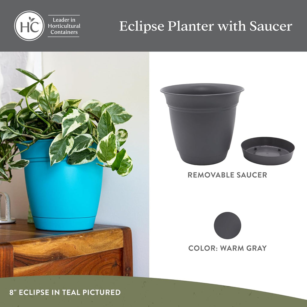 The HC Companies Eclipse Round Planter with Saucer - Outdoor & Indoor Plant Pot with Drainage Holes - Lightweight, UV-Resistant Plastic Pots for Plants, Flowers & Herbs (8" Warm Gray, Pack of 1)