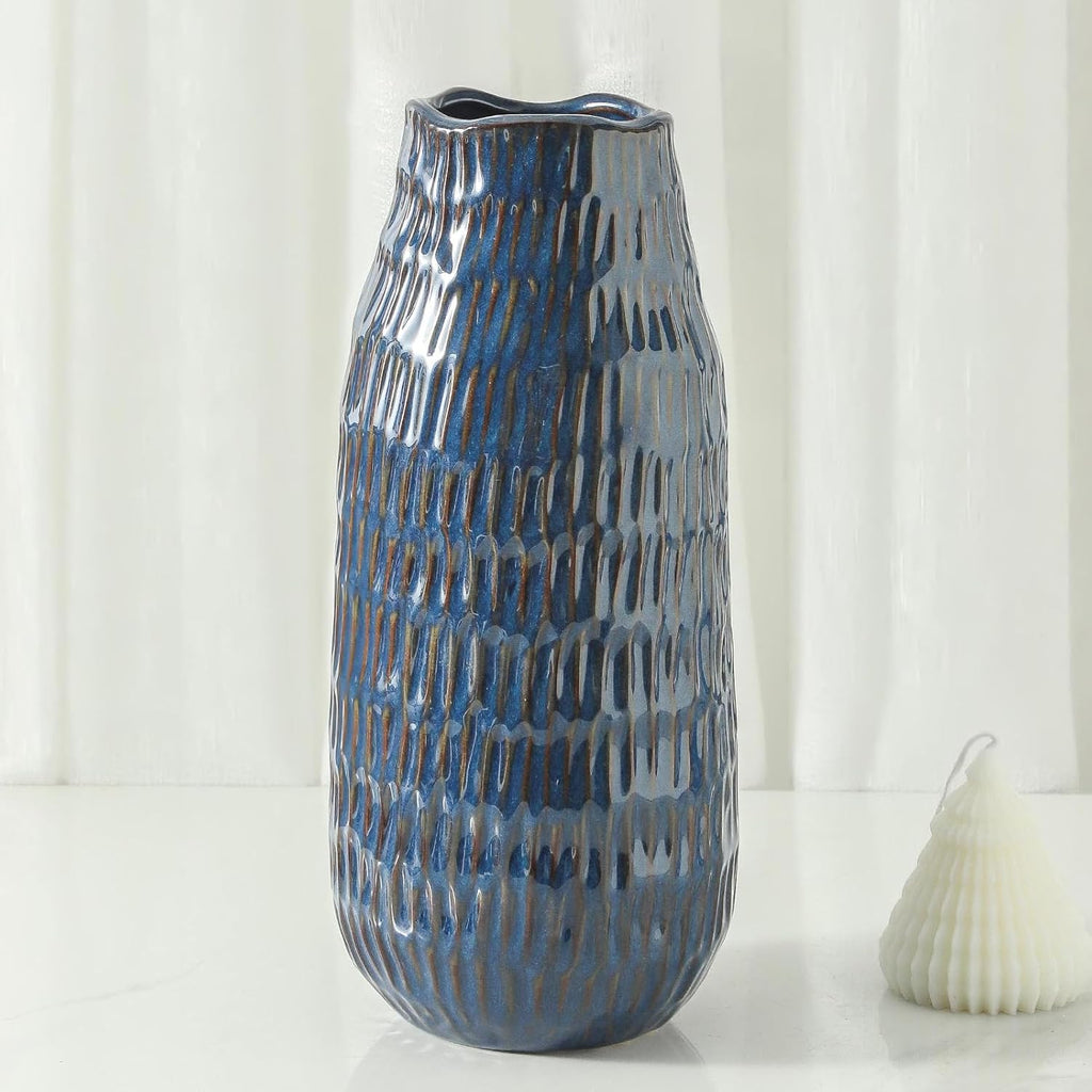 Blue Ceramic Vase for Home Decor, 12.6 Inch Tall Flower Vase with Modern Textured Finish,Decorative Floor Vase for Pampas Grass, Entryway, Living Room, Dining Table, Farmhouse or Office