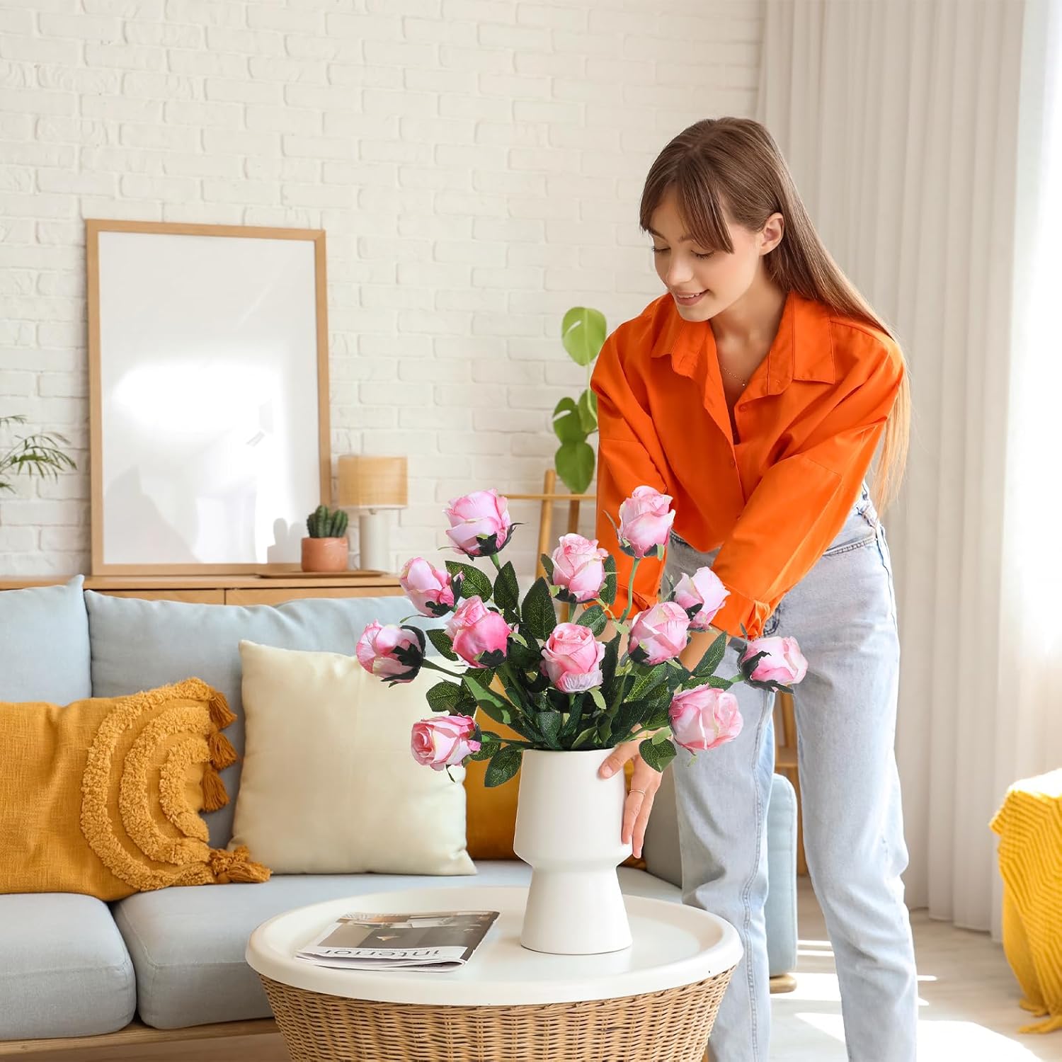 12Pcs Realistic Fake Light Pink Roses Faux Flowers with Long Stems, Artificial Silk Rose Flowers for Valentines Day Home Wedding Decor Bridal Bouquet