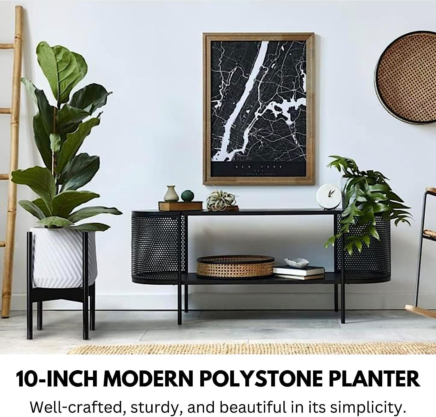 Fox & Fern 10 Inch Plant Pot with Drainage Plug — Premium Polystone White Plant Pot; Modern Planter with 3D Texture and Ceramic Finish; 10 Inch Pots for Plants Indoor & Outdoor