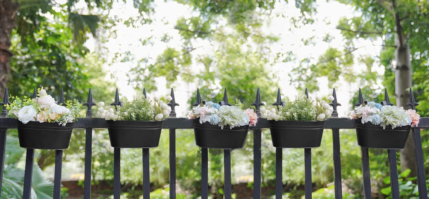 Dahey Metal Iron Hanging Flower Pots for Railing Fence Hanging Bucket Pots Countryside Style Window Flower Plant Holder with Detachable Hooks Home Decor,Black,5 Pcs