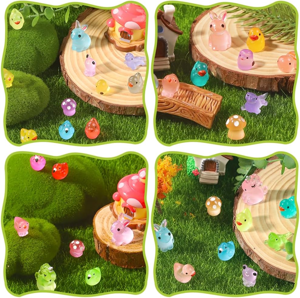 113pcs Luminous Mini Resin Animals, Glow in The Dark Miniature Resin Animal Figures Tiny Small Little Ducks Turtle Bulk for Dollhouse Micro Landscape Aquarium Fairy Garden DIY Decorations