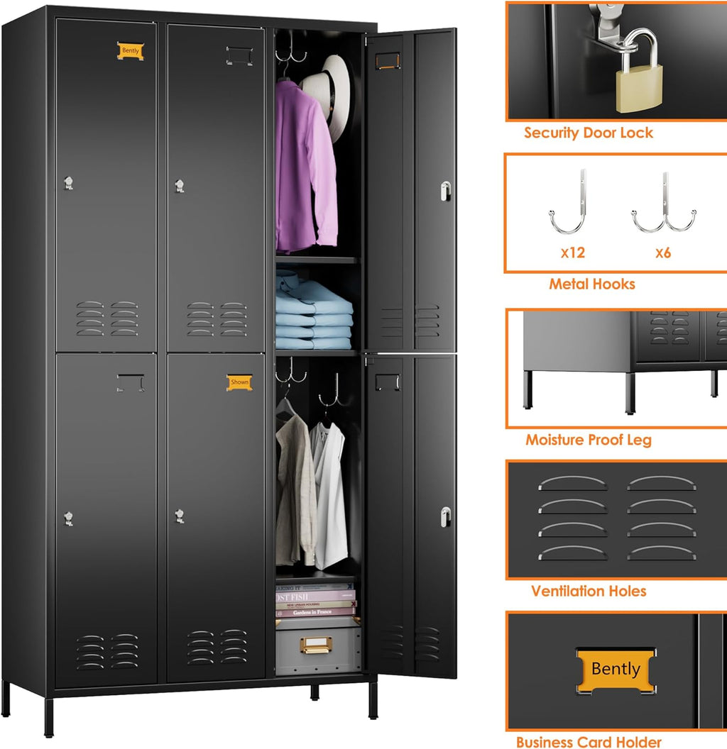 6 Doors Metal Lockers for Employees with 6 Shelves and 18 Hooks, Storage Locker with Business Card Holder for Office Gym School Bedroom, Assembly Required, Black