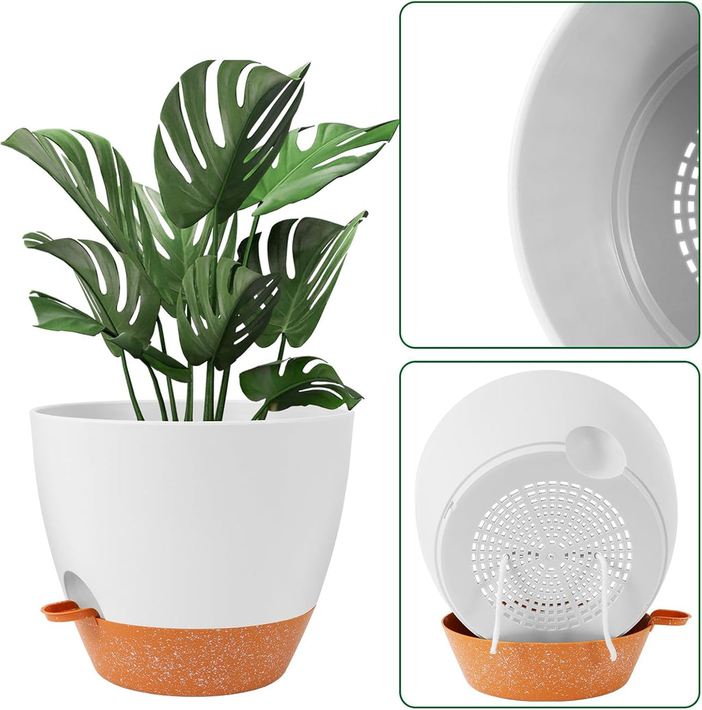 GARDIFE 12 inch planters, Plant Pots,Self Watering Pots, Large Plastic Flower pots with Deep Reservior and High Drainage Holes for Indoor Outdoor Plants and Flowers, White