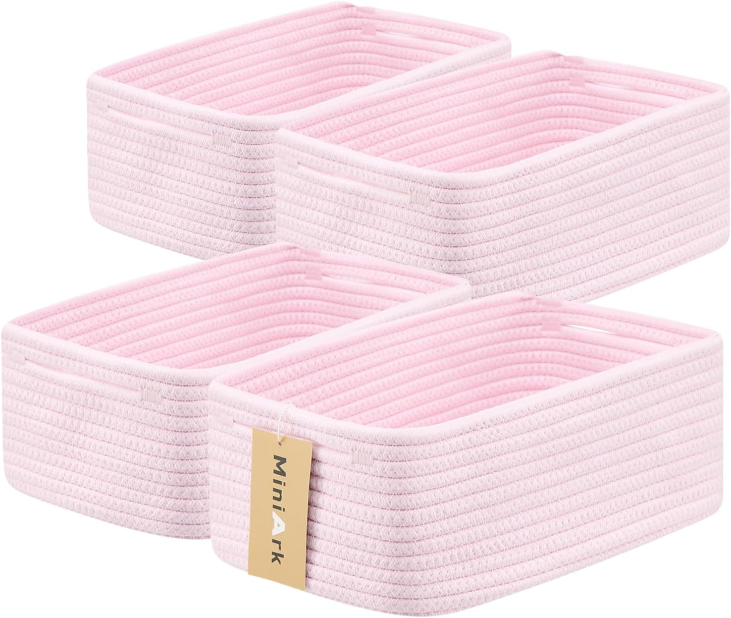 Small Storage Baskets for Organizing | Closet Organizer Bins | Shelf Toy Basket | Woven Rope Baskets | Cube Decorative Box | Shallow Basket | 13x8.5x5.1” | 4 Packs Light Pink