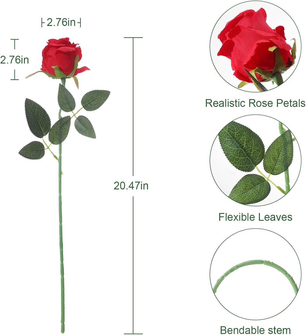 12Pcs Realistic Fake Red Roses Faux Flowers with Long Stems, Artificial Silk Rose Flowers for Valentines Day Home Wedding Decor Bridal Bouquet