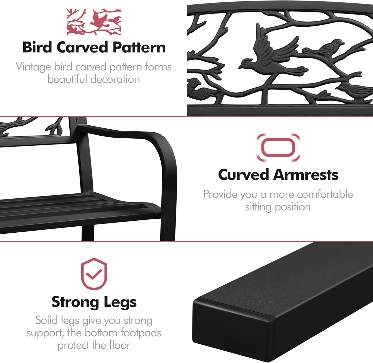 Yaheetech Outdoor Garden Bench Patio Furniture Chair Outdoor with Vintage Bird Pattern Backrest, Slatted Seat, Antique Metal Bench for Yard & Porch & Park, Black