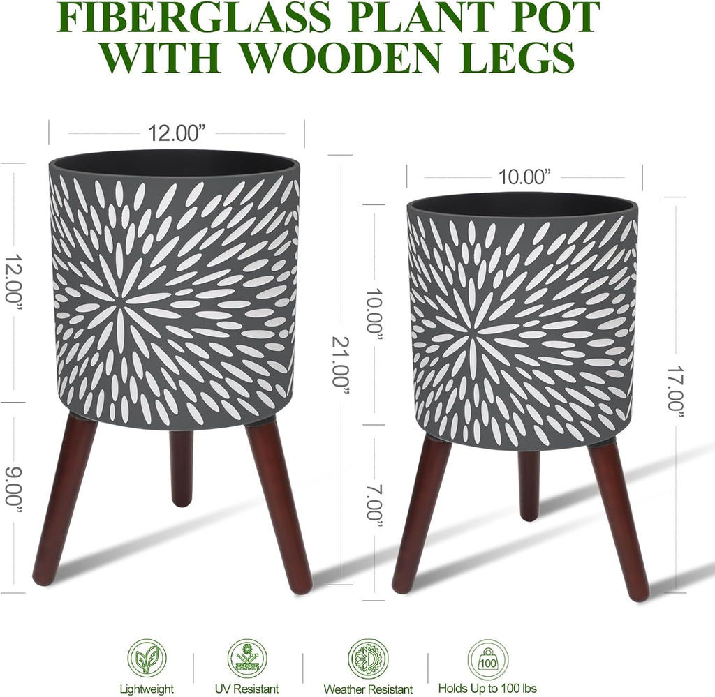10 & 12 Inches Plant Pot with Stand Set of 2, Large Matte Gray Modern Planters for Indoor Outdoor Plants with Drainage Holes, Big Flower Pots with Wood Legs