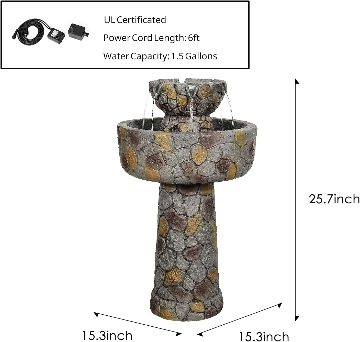 SunJet 25.7” High x 15.3” Diameter Concrete Bird Bath with Faux Stone Finish - Outdoor Water Fountain with Electric Pump - Birdbath for Garden, Patio, Yard, Lawn Décor