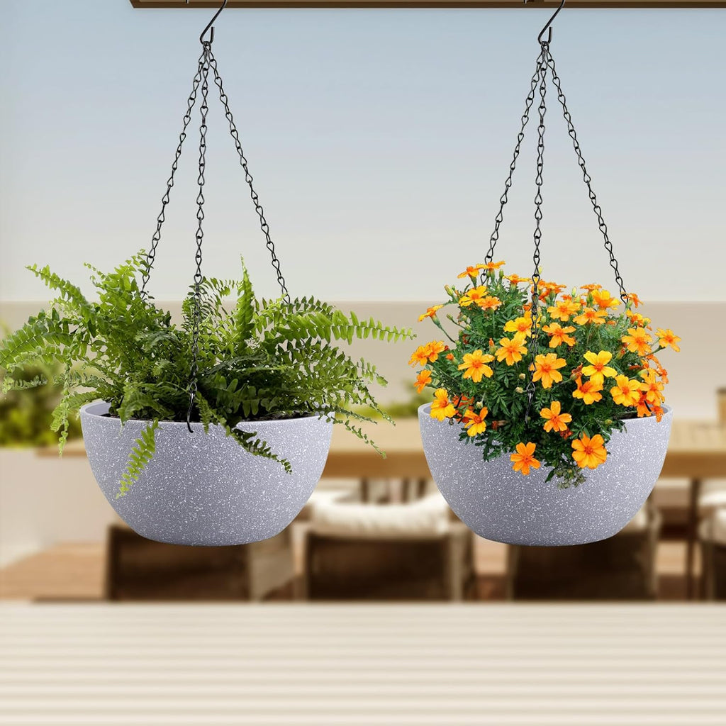 10 inch Hanging Planters for Indoor Outdoor Plants, 2 Pack Hanging Flower Pots with Drainage Holes and Chain for Garden Porch, Plastic Hanging Baskets for House Plants, Speckled Grey