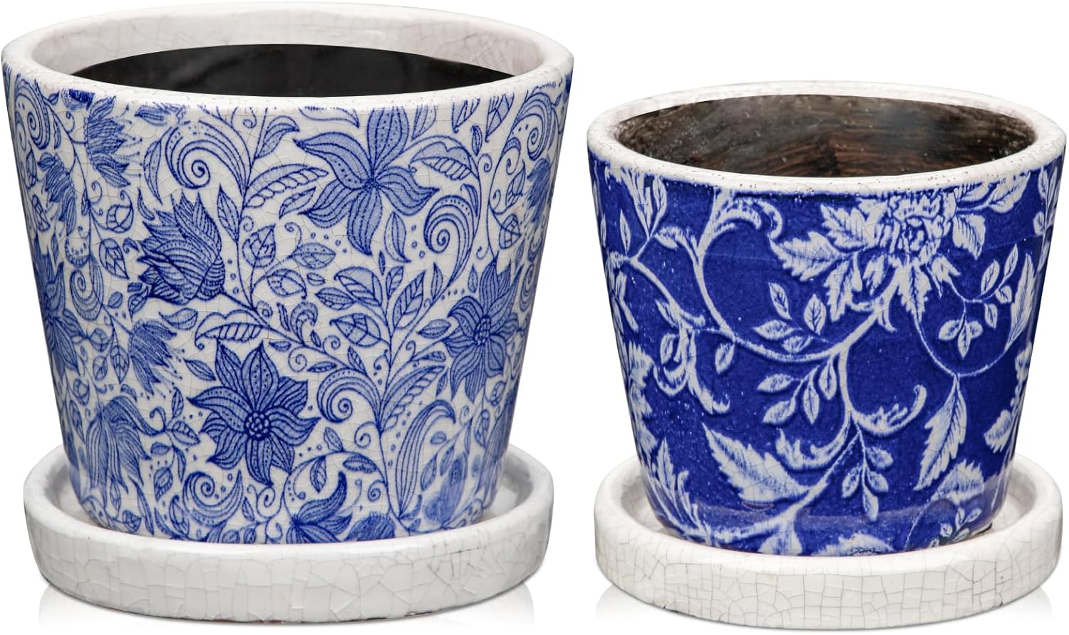Set of 2 Ceramic Blue and White Plant Pots with Drainage Hole and Saucers, Vintage Farmhouse Accent Planters for Indoor Plants, Round Flower Pots Rustic Succulent Pots Terracotta Tubs 5.7/4.7 Inch