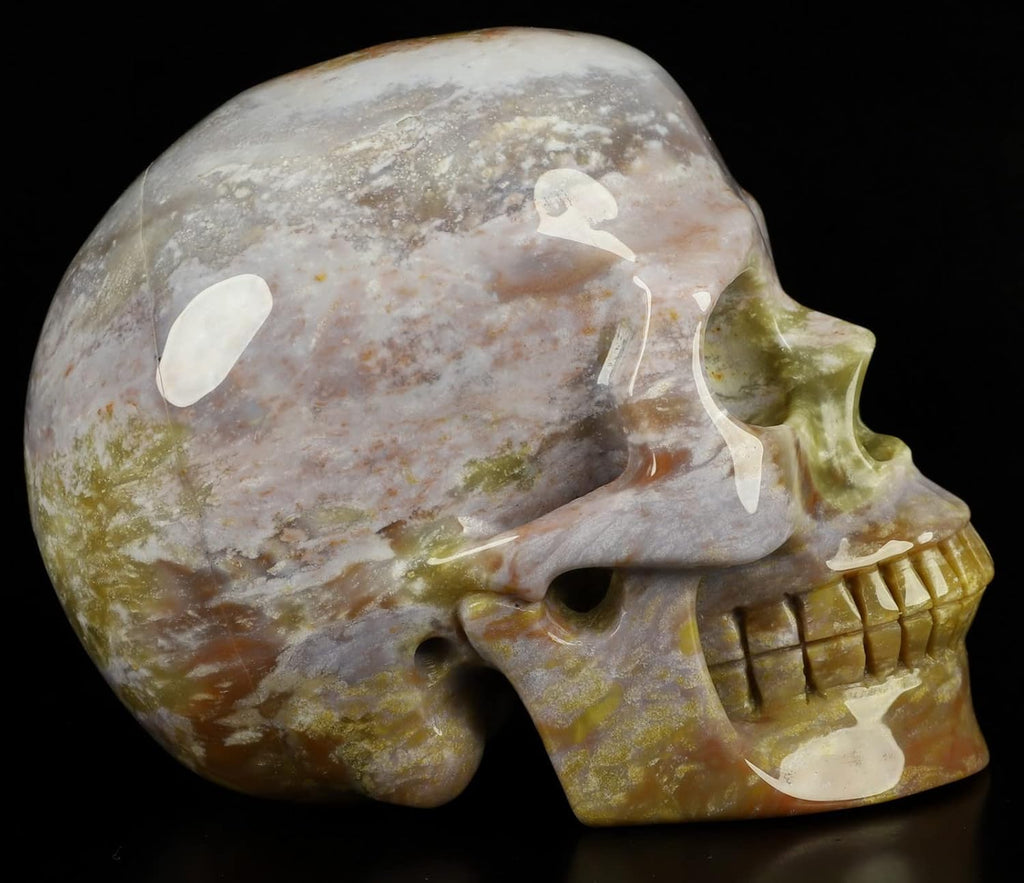 Skullis 5.0" Indian Agate Crystal Skull, Hand Carved Gemstone Fine Art Sculpture, Reiki Healing Stone Statue.530 Z8