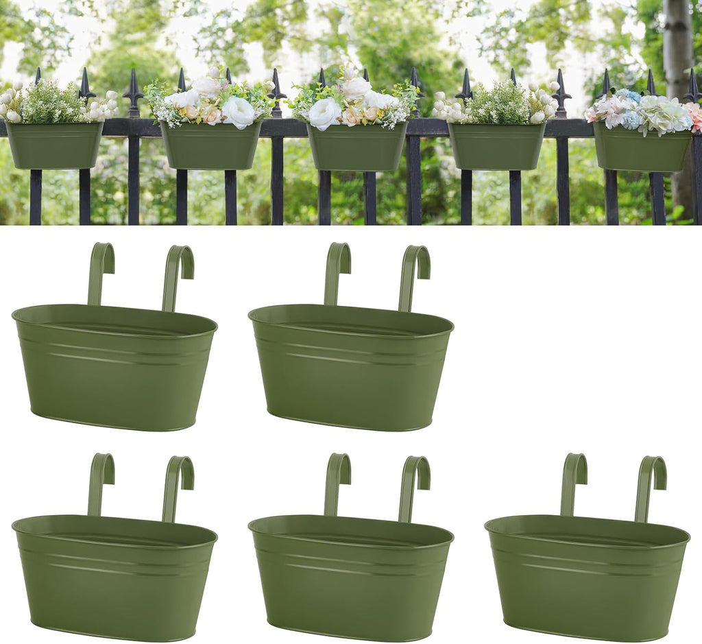 Dahey Metal Iron Hanging Flower Pots for Railing Fence Hanging Bucket Pots Countryside Style Outdoor Planter Window Flower Plant Holder with Detachable Hooks Home Decor,Green,5 Pcs