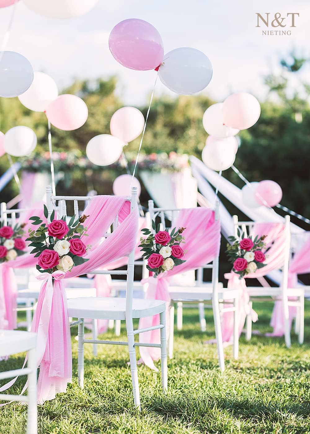 N&T NIETING Artificial Flowers, Hot Pink Artificial Roses, 50pcs Fake Flowers with Stem for DIY Wedding Bouquets Centerpieces Bridal Baby Shower Party Home Arrangement Decoration