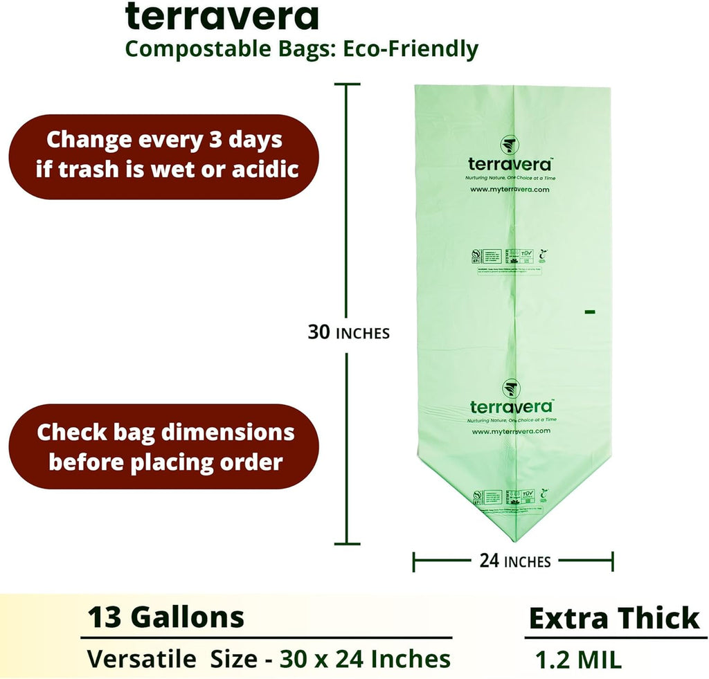 Compostable Trash Bags with Handles | BPI & OK Home Certified ASTM D6400 Standards | Heavy Duty Kitchen & Yard Waste Bags (13 Gallon Flat Top, 50 Count)