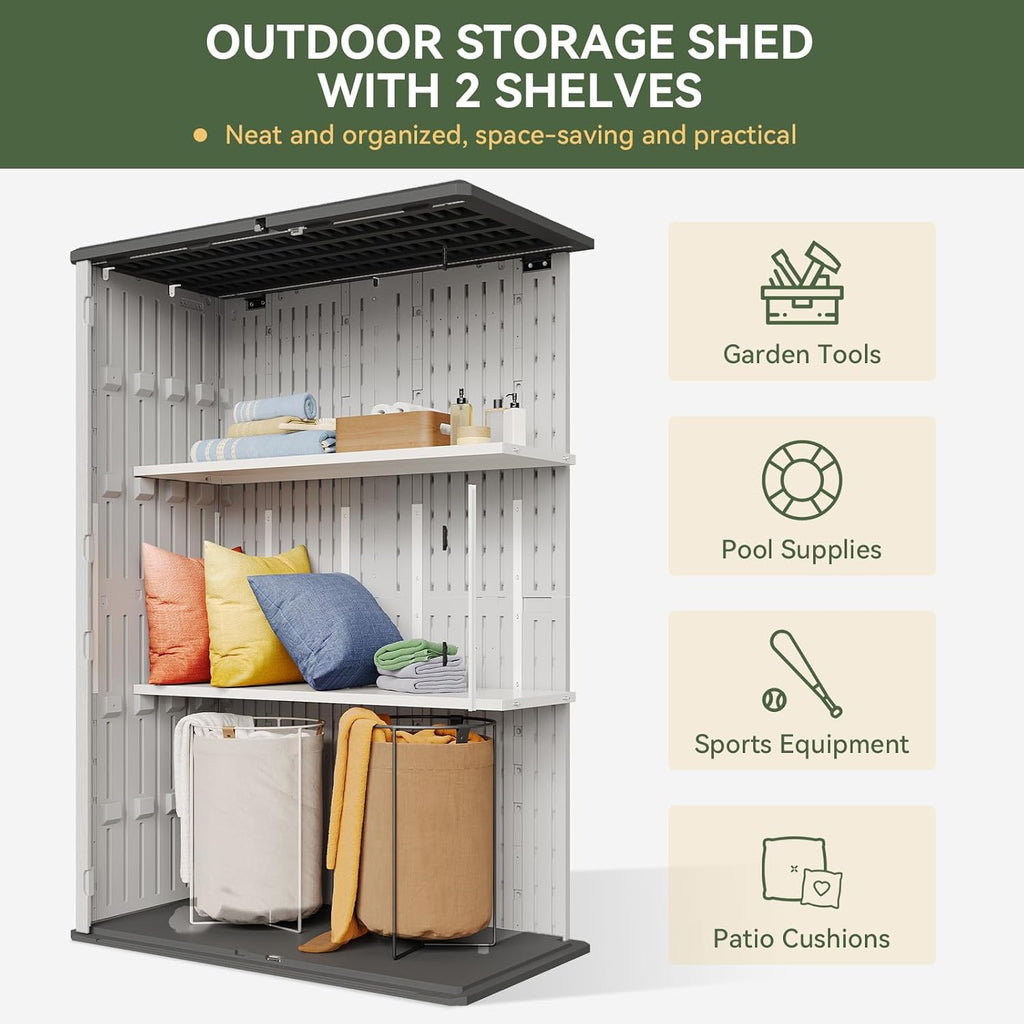 Aoxun 64 Cu.Ft Outdoor Storage Shed with Floor and 2 Shelves, Waterproof Horizontal Resin Cabinet for Garage Storage, Pool Storage, Bike Shed, Garden Shed