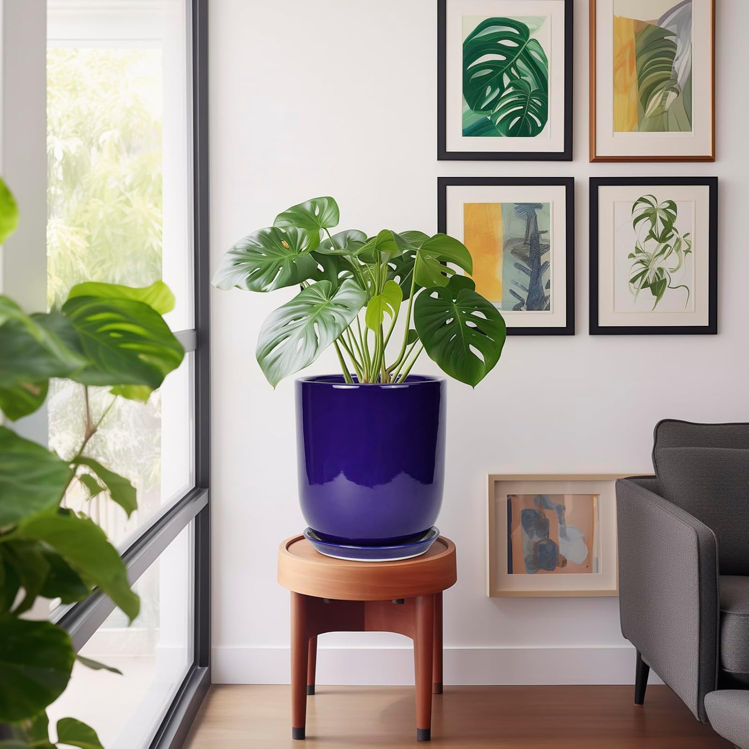 10 Inch Plant Pot - Ceramic Pot for Indoor Plants Large Planter Modern Outdoor Flower Pot with Drainage Hole and Saucer for Home Patio Decor Blue