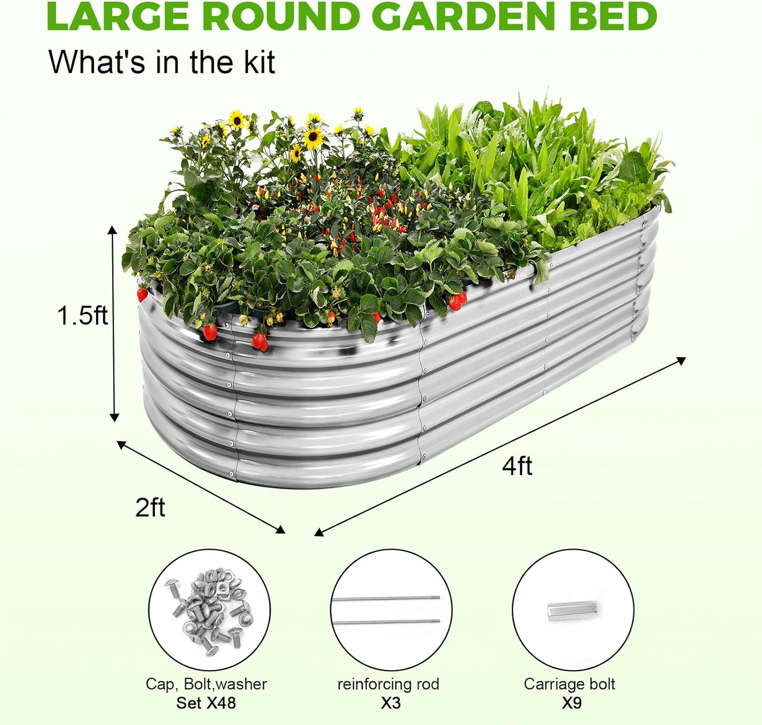 Land Guard 4×2×1.5ft Galvanized Raised Garden Bed Kit, Galvanized Planter Garden Boxes Outdoor, Oval Large Metal Raised Garden Bed for Vegetables……… (Classic Silver