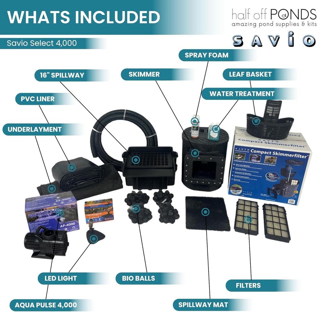 HALF OFF PONDS Savio Select 4,000 GPH Submersible Pump Pond Kit with 20' x 25' PVC Plastic Pond Liner for Water Garden & Koi Pond