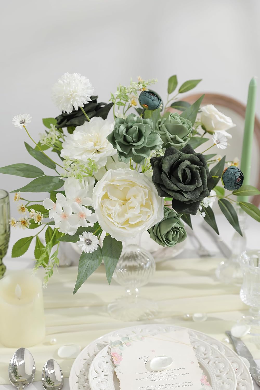 Forest Green Artificial Flowers Silk Fake Roses Peonies Greenery Combo Box Set for DIY Wedding Bouquets Bridal Shower Centerpieces Floral Arrangements Party Tables Home Decoration