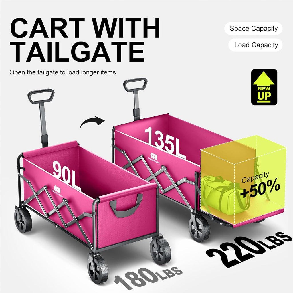 Collapsible Wagons Carts Foldable with Extended Tailgate, Folding Wagon Cart on Wheels, Portable Heavy Duty Shopping Carts for Groceries, Apartment, Garden, Camping, Sports, Outdoor (Pink)