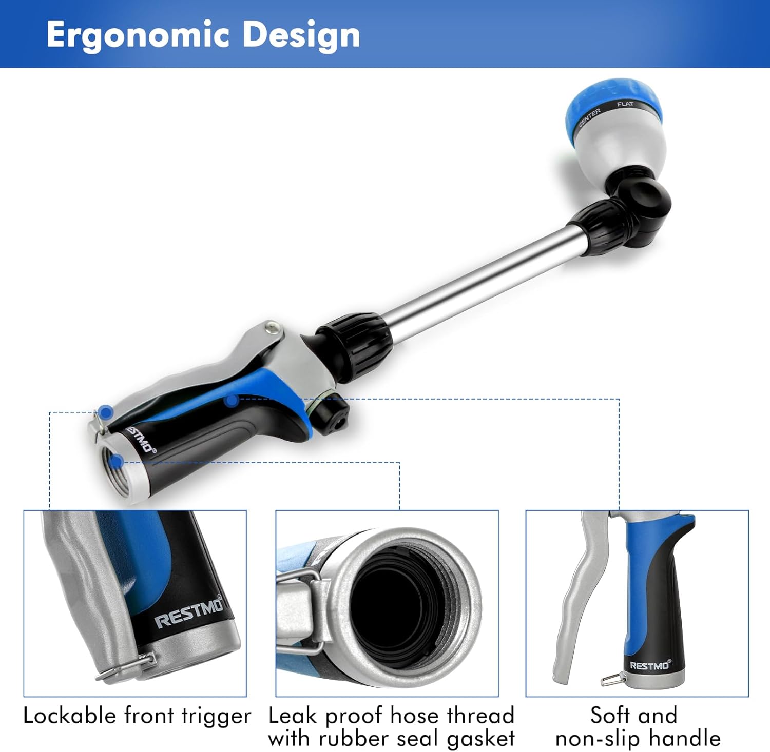 RESTMO Metal Watering Wand, Heavy Duty Garden Hose Wand with 180° Swivel Ratcheting Head, 16'' Hose Nozzle Sprayer with 7 Spray Patterns and Flow Control, for Water Hanging Baskets and Shrubs, Blue