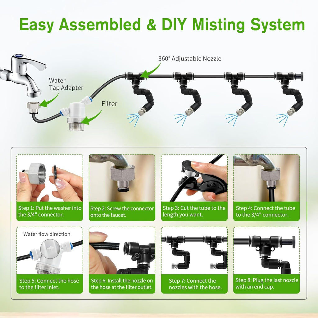 Outdoor Misting Cooling System, 32FT (10M) Misting Line + 8 Adjustable 360° Nozzles + 3/4” Threaded Adapter, Garden, Greenhouse, Misters for Outside Patio