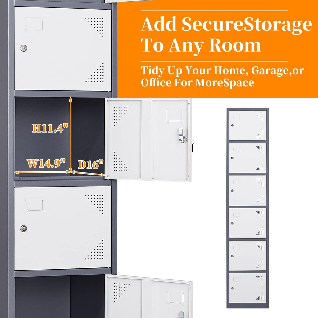 Metal Locker with 6 Doors, 71" Lockers for Employees Steel Storage Locker, Lockable Locker Cabinet for School, Gym, Home Office and Garage（Grey White）