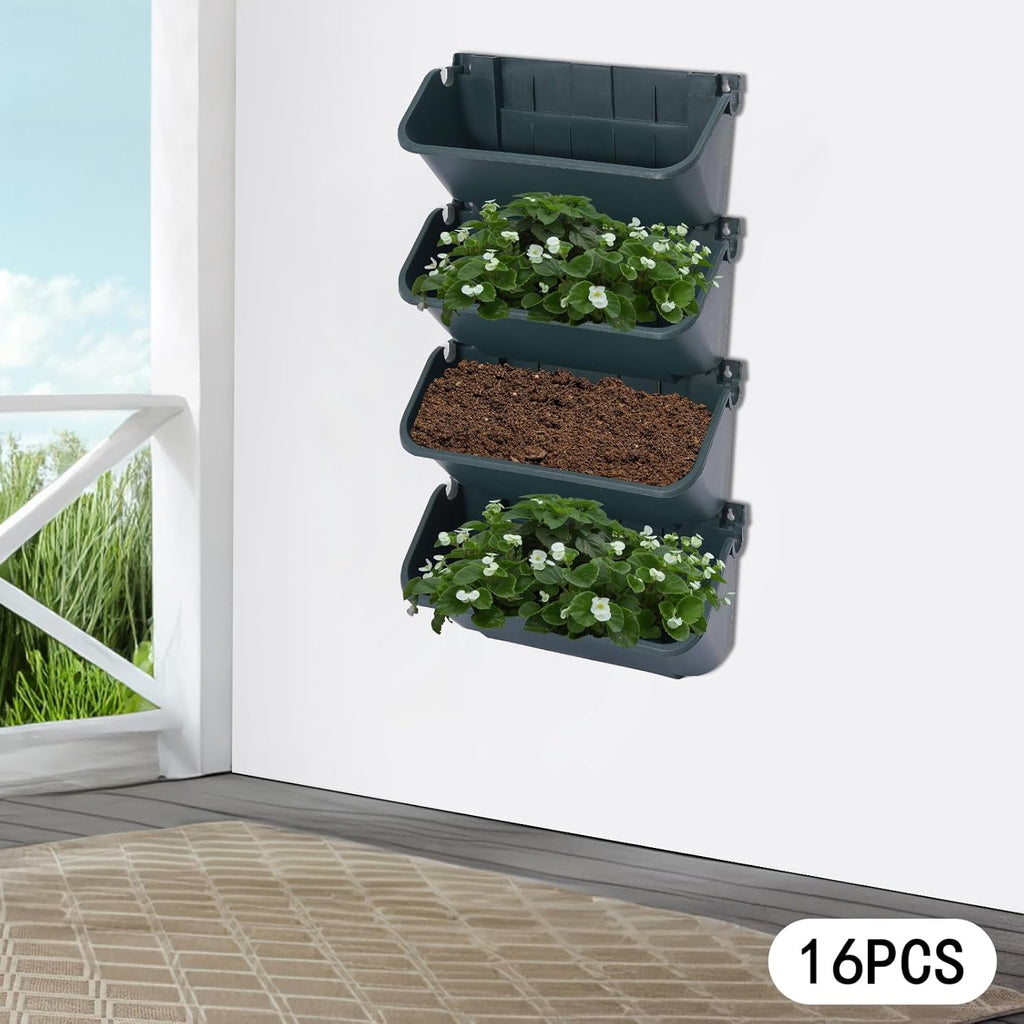 Eapmic Vertical Wall Planter with 16 Pots, Hanging Garden Plant Flowerpot Holder, Stackable Wall-Mounted Planter, Balcony Planters for Flowers Vegetables Fruits (Army Green, 16 Pots)