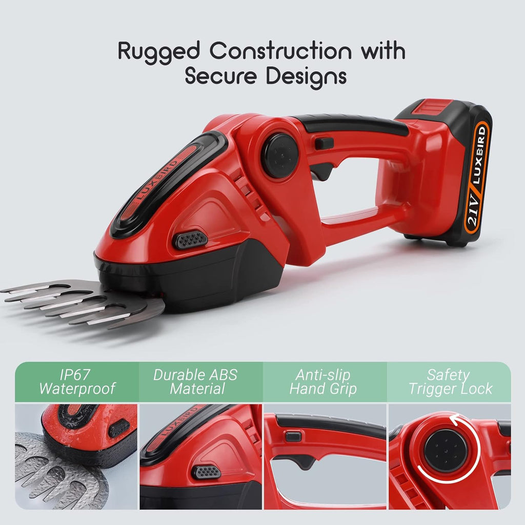LUXBIRD Cordless Grass Shears, 2-in-1 Mini Hedge Trimmer Cordless,Light Handheld Grass Trimmer, Electric Shrub Trimmer with 2Pcs Rechargeable Batteries