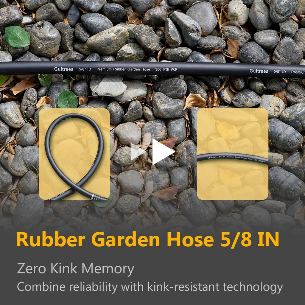 100FT 5/8 Heavy Duty Rubber Garden Hose - 200psi Working, 1000psi Burst - Hot/Cold Water - Five-Layered Braiding for Durability - Versatile for Gardening, Agriculture, Construction(Black)