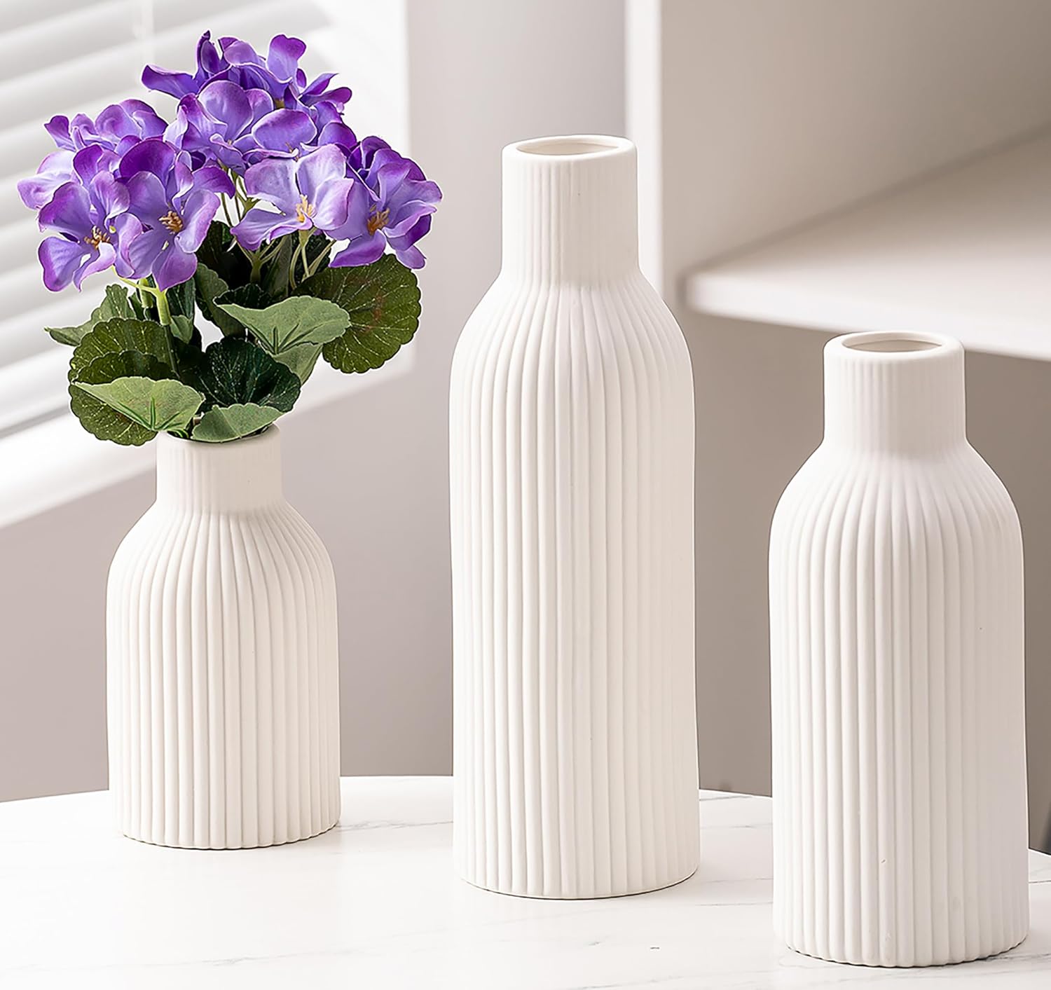 Ceramic Vase Set of 3, Flower Vases for Spring Room Decor, Kitchen Farmhouse, Modern Boho Style(White)