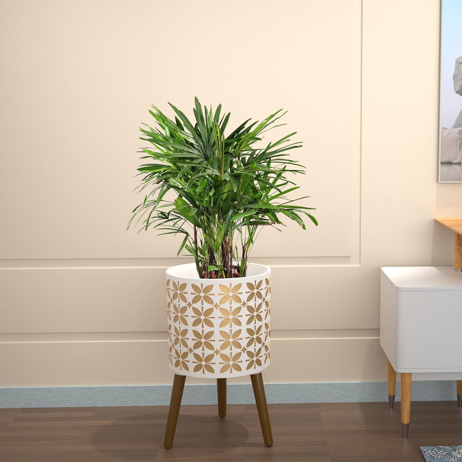 10 Inch Planter with Stand, Modern Plants Pot for Indoor Plants with Legs, Large Planter Pot with Drainage Holes for Outdoor,White/Gold
