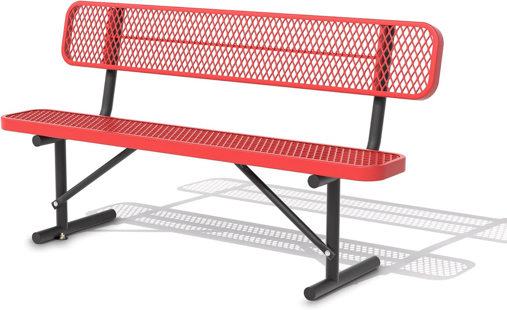 6FT Park Bench for Outside, Heavy-Duty Garden Bench W/ Back, Red Outdoor Metal Bench for Sitting Area, Commercial Bench for School Patio Porch Backyard Sports Church Locker Room Shopping Centers