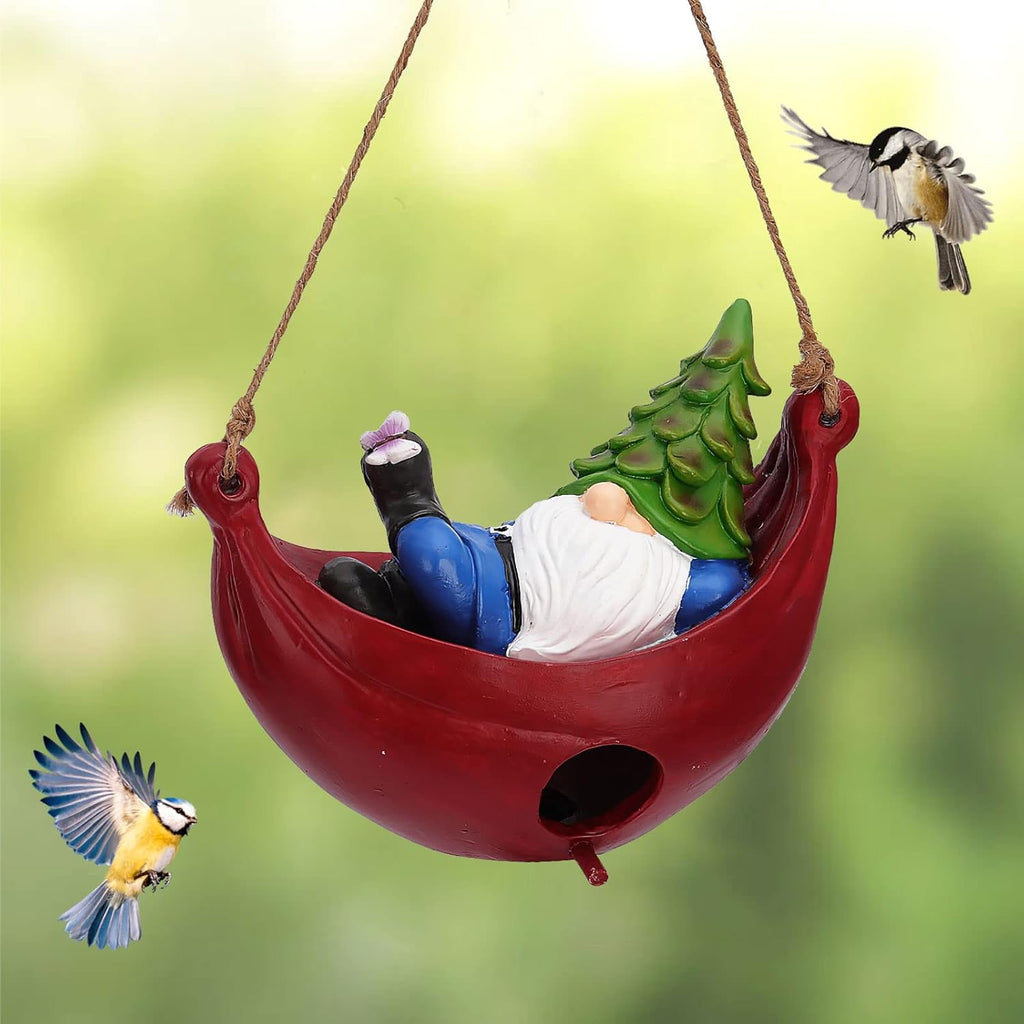 BAYN Bird House for Outside, Hanging Handcrafted Hammock Gnome Resin Outdoor birdhouses Humming Bird, Bluebird, Wren, Camper Hanging Houses nest cage