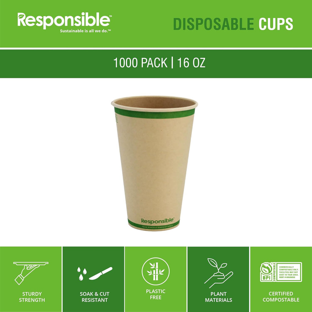 16 oz Paper Hot Cups, Tree-Less™ Compostable Paper Coffee Cups, Extra Strength, Tree-Free and Made Without PFAS, Natural Brown (1000 Count)
