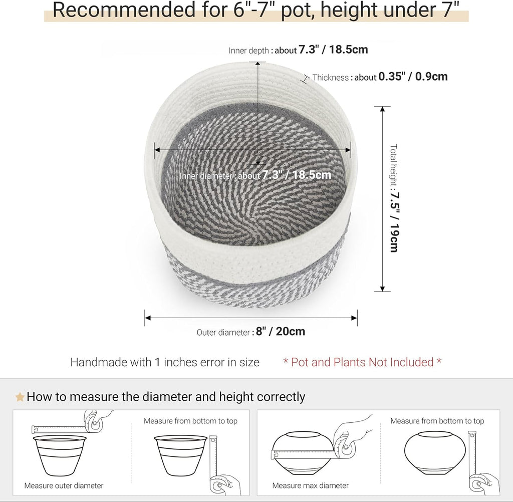 Dahey Jute Cotton Rope Plant Basket Mini Woven Storage Basket for Up to 7" Planter, Decorative Flower Pot Cover Closet Storage Bin Table Desk Organizer Modern Home Decor, Grey