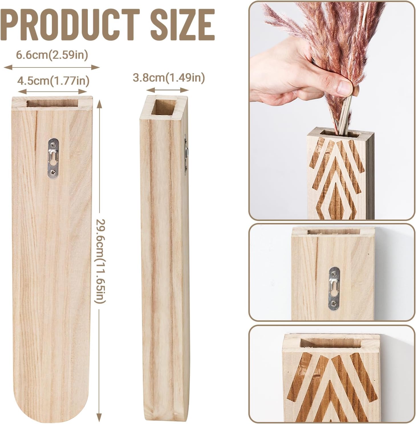 Wooden Wall Planter Set of 4 - Modern Bohemian Home Decor for Living Room, Bedroom, Bathroom - Beige Finish Planter for Dried Flowers, Faux Greenery, Indoor Plants