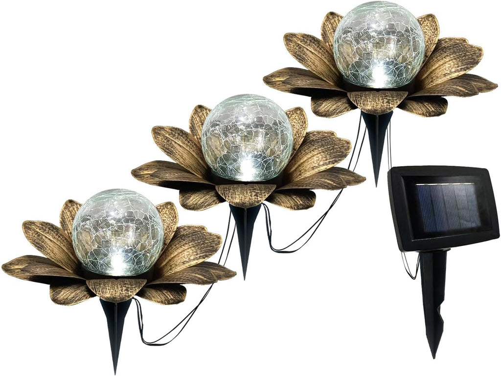 LEWIS&WAYNE Solar Garden Lights Outdoor, 3 Pcs Coppery Lotus Flower Pathway Lamps with Cool White Crackle Glass Globe Led Lights for Patio Pathway Yard Balcony Garden Decorations