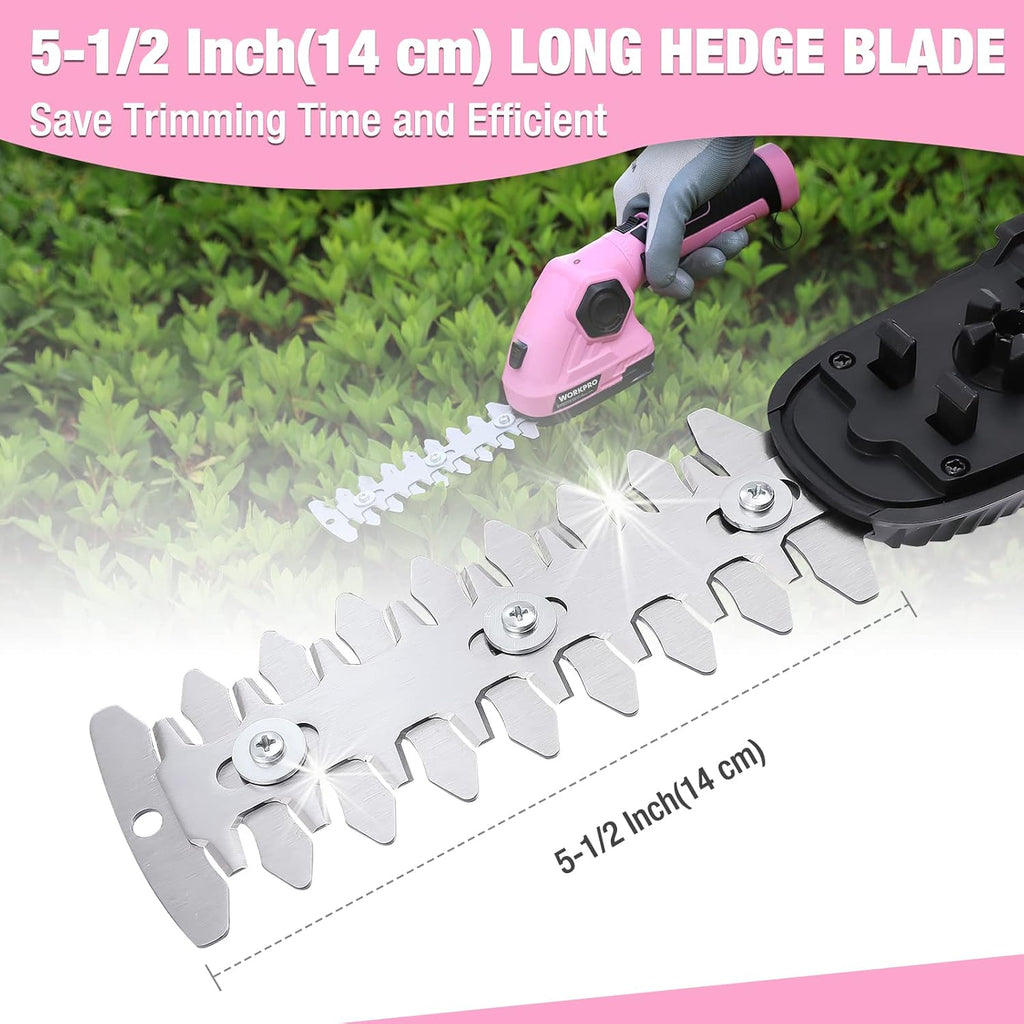 WORKPRO Pink Cordless Grass Shear & Shrubbery Trimmer - 2 in 1 Handheld Hedge Trimmer 7.2V Electric Grass Trimmer Hedge Shears/Grass Cutter 2.0Ah Rechargeable Lithium-Ion Battery - Pink Ribbon