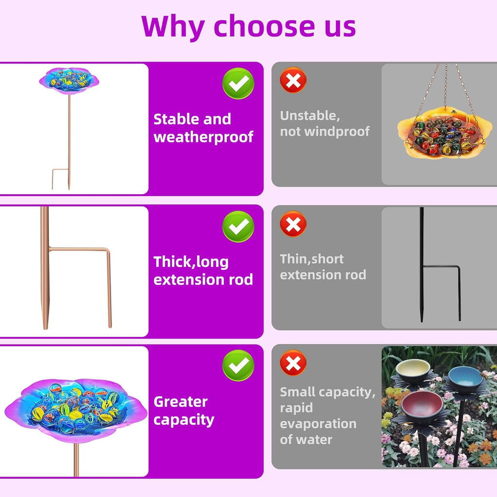 Bee Watering Station-Purple Butterfly Puddler Bee Bath & Feeder with Metal Stakes - 30 Glass Marbles, Vivid Flower Design, Garden Yard Decor (Purple-2PACK)