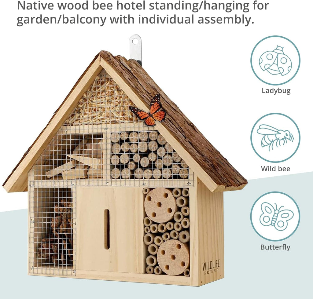 Small Insect Hotel with Bark Roof - Untreated Natural Wood Insect House for Bees, Ladybugs, Lacewings & Butterflies - Nesting Aid for Hanging, Bee Hotel