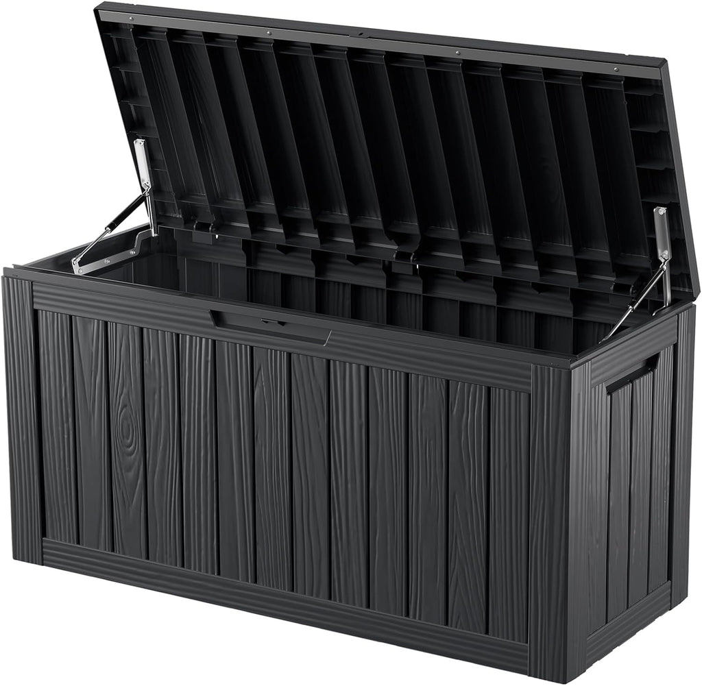 80GAL Black Outdoor Deck Box with Lockable Lid – Waterproof, SGS - Certified UV Resistance, Spacious Storage for Patio Cushions, Pool Accessories & Gardening Supplies, Easy Assembly