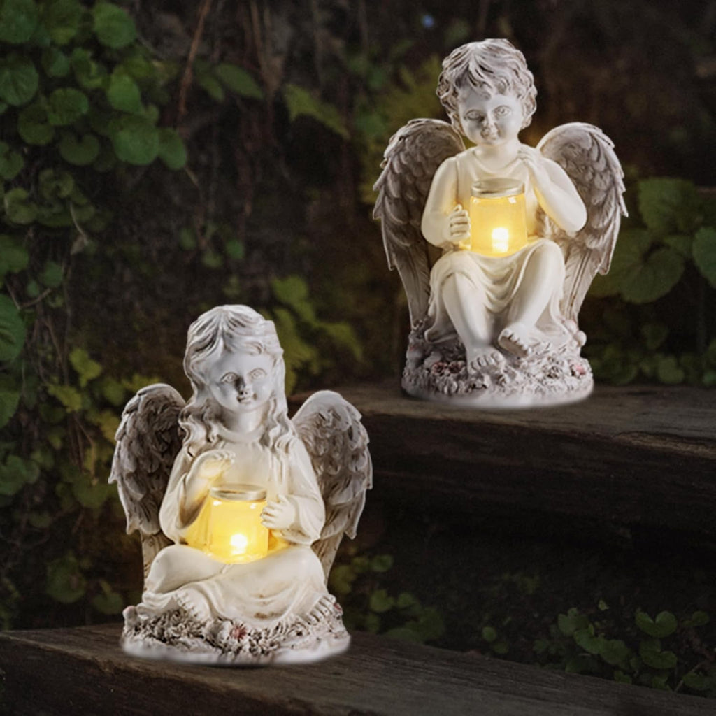 2 Pack Outdoor Angel Statue Garden Decor, Classic Solar Angel Figurine Decoration for Yard Art Indoor Porch Home Lawn Outside Light up Cherub Sculpture Guardian Wings Memorial Gifts