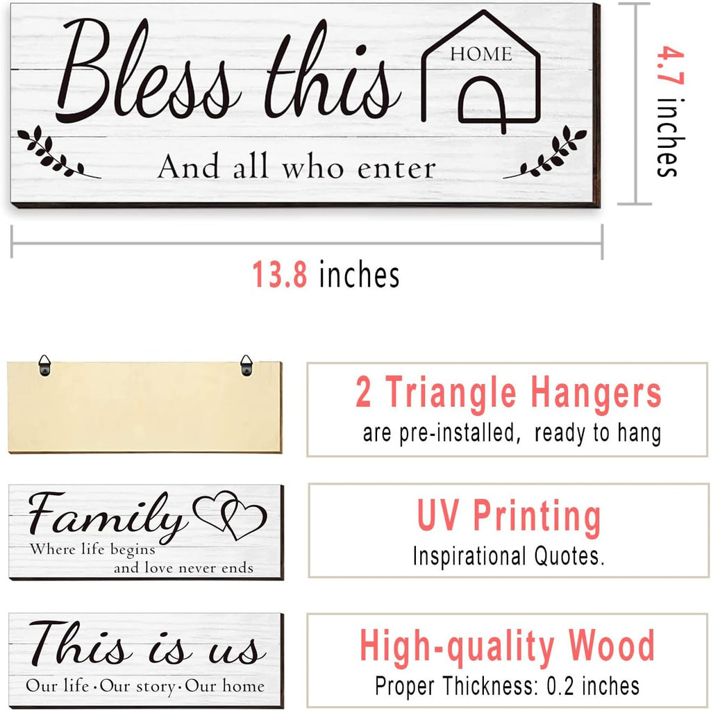 4 Pieces Wooden Home Wall Art Decor, Rustic, Farmhouse THIS IS US/TOGETHER/BLESS THIS HOME/FAMILY Decor Signs For Living Room Bedroom, 4.7 x 13.8 Inch(White)