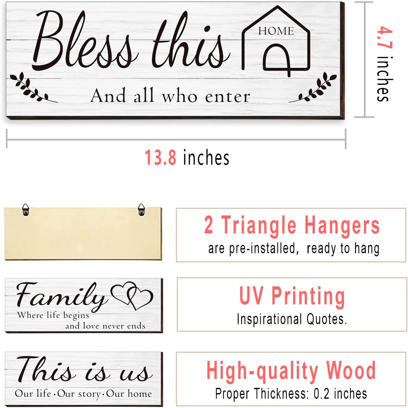 4 Pieces Wooden Home Wall Art Decor, Rustic, Farmhouse THIS IS US/TOGETHER/BLESS THIS HOME/FAMILY Decor Signs For Living Room Bedroom, 4.7 x 13.8 Inch(White)